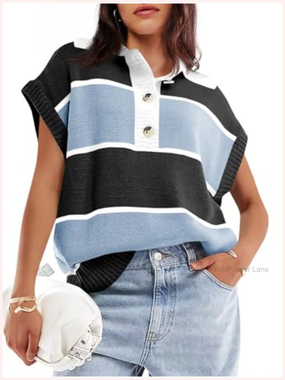 Women's V Neck Button Down Striped Short Sleeve Knit Sweater